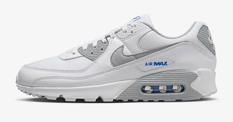 Nike Air Max 90 in white, with grey and blue detailing 